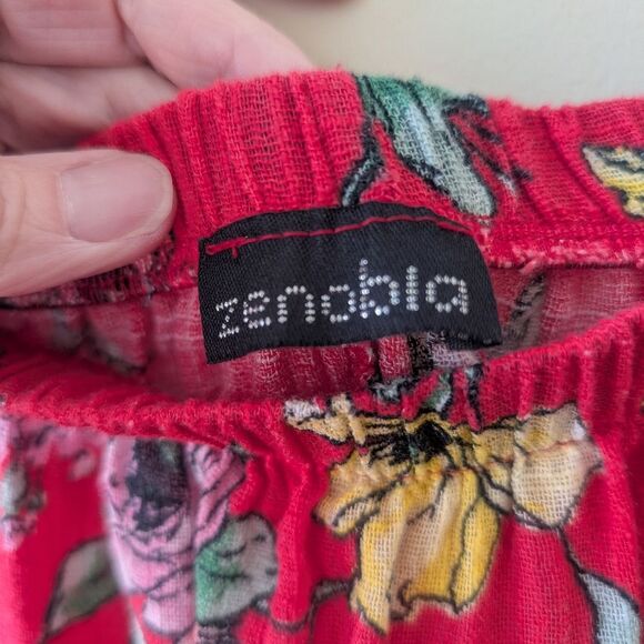 Zenobia Plus Size Linen Short Sleeve Blouse Off Shoulder Bow Red Floral 3X - Picture 6 of 9